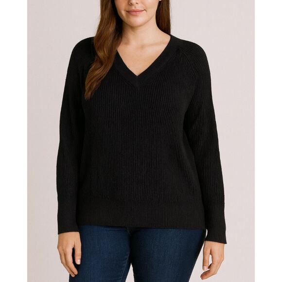 Old Navy sweater chunky knit ribbed black V- neck cotton blend staple piece SZ L - Picture 1 of 7